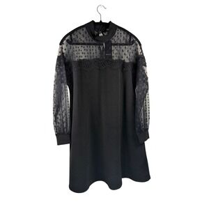 Sheila Dress Small Lace Arms, high Neck Trim, polka dot‎ sheer black A-line new